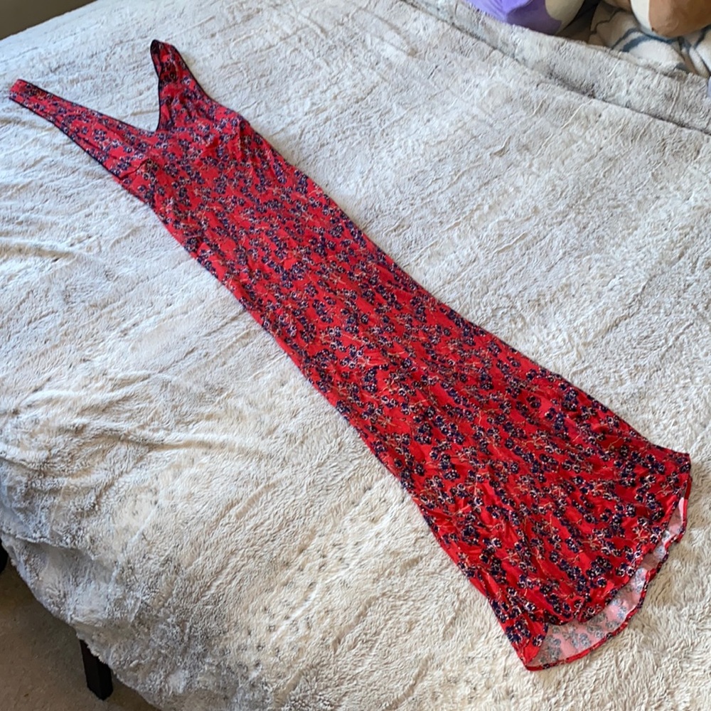 Red and navy flower soft silky maxi Free People dress